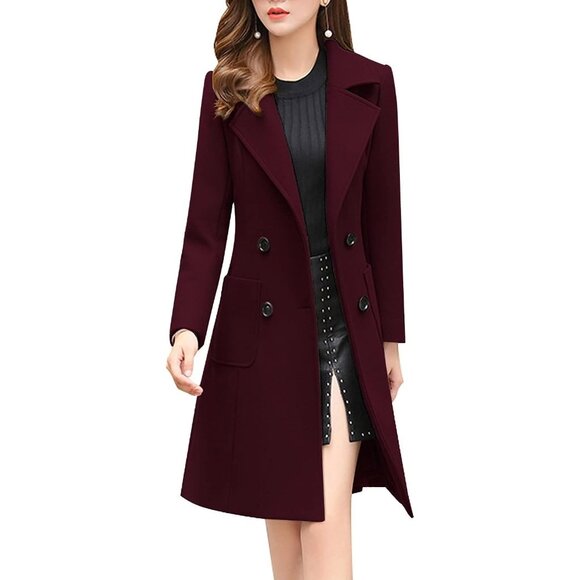 Women's Dark Red Elegant Notched Collar Double Breasted Wool Blend Over Coat - Picture 1 of 3